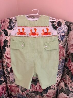 MomMe And More Light Green Smocked Crab Shortalls